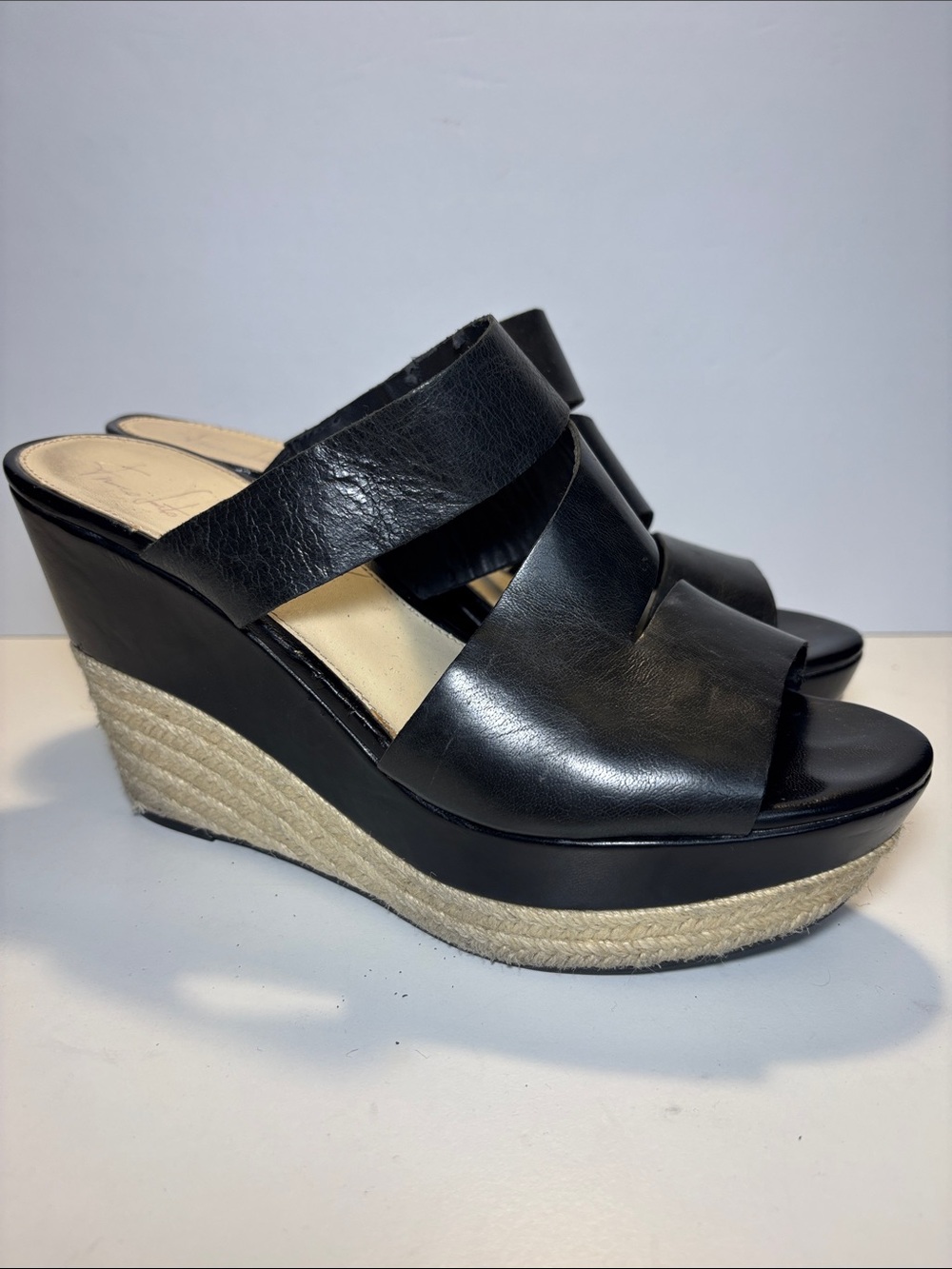 Franco Sarto Black Leather Espadrille Wedge Slides